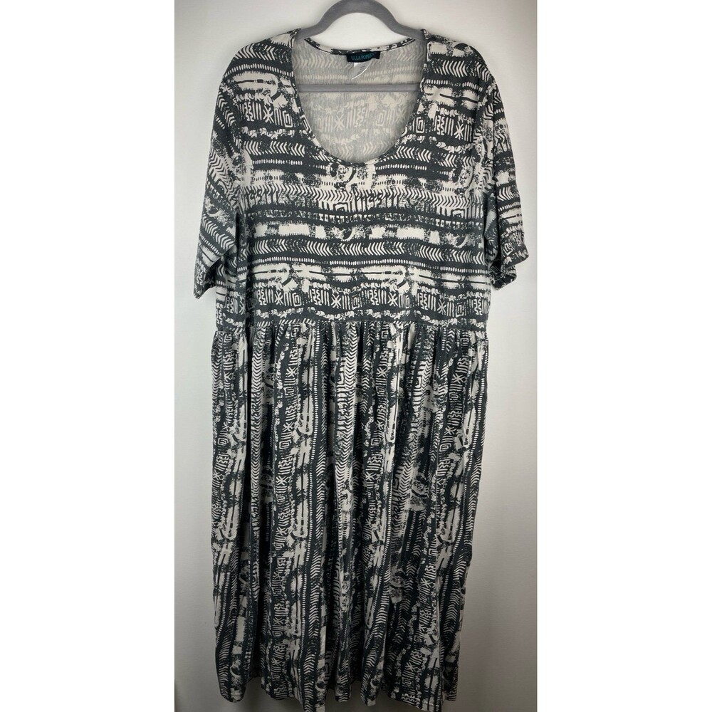 Ulla Popken Womens Dress Size 20/22 Cream Brown Maxi Fit & Flare Short Sleeve